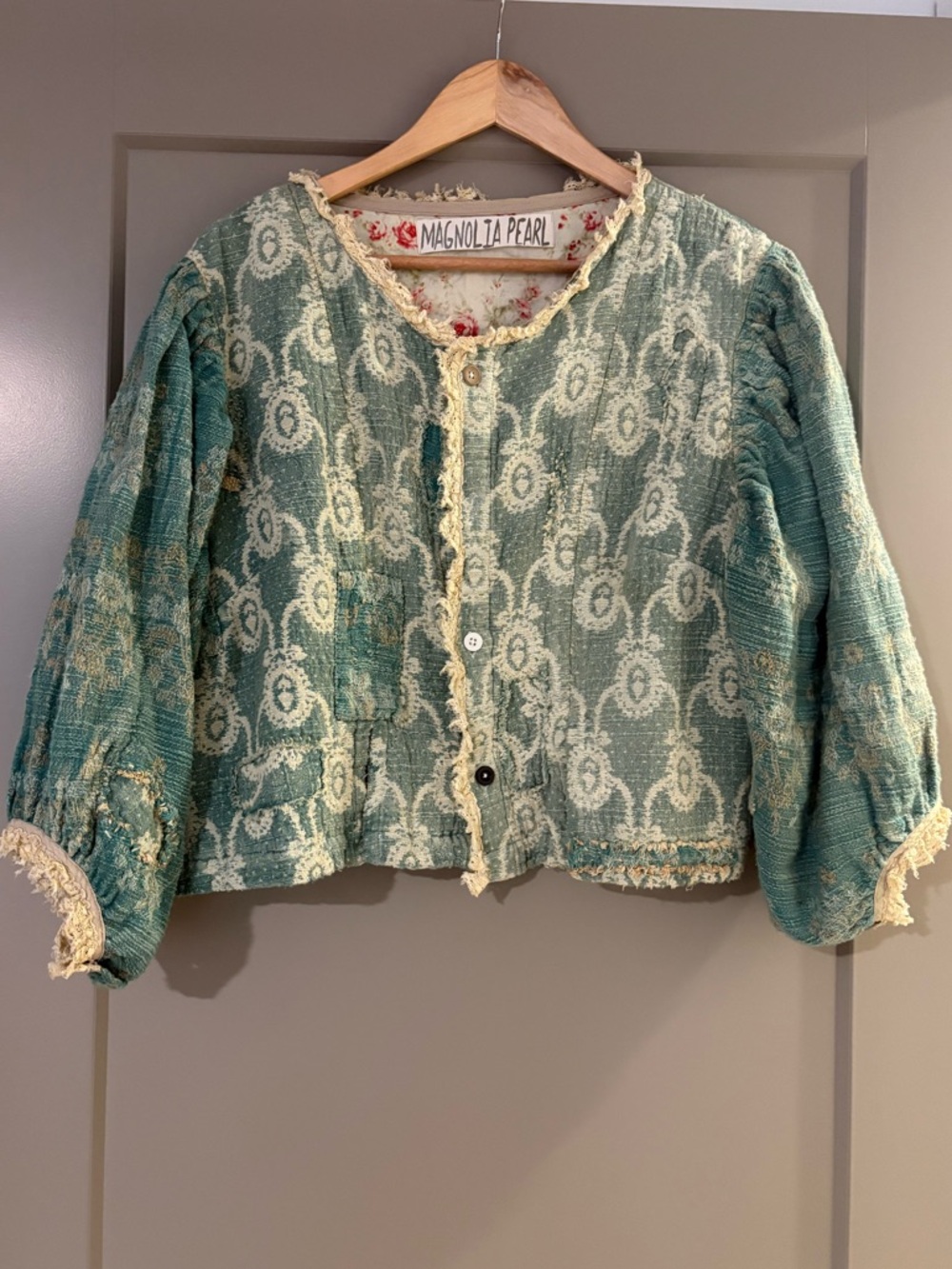 Magnolia Pearl Seafoam Green Cropped  Jacket with lace details